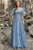 Load image into Gallery viewer, A Line V Neck Grey Blue Plus Size Prom Dress with Appliques