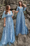 A Line V Neck Grey Blue Plus Size Prom Dress with Appliques