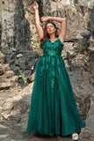 A Line Spaghetti Straps Dark Green Long Prom Dress with Appliques