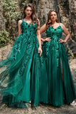 A Line Spaghetti Straps Dark Green Long Prom Dress with Appliques