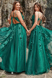 A Line Spaghetti Straps Dark Green Long Prom Dress with Appliques