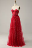 Red Strapless Tulle Corset Prom Dress