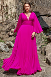 A Line Deep V Neck Dark Fuchsia Plus Size Prom Dress with Long Sleeves