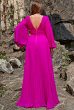 A Line Deep V Neck Dark Fuchsia Plus Size Prom Dress with Long Sleeves