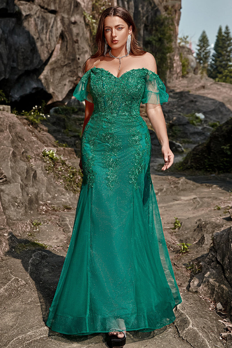 Load image into Gallery viewer, Mermaid Off the Shoulder Dark Green Plus Size Prom Dress with Appliques