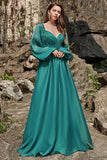 A Line Sweetheart Dark Green Long Prom Dress with Long Sleeves