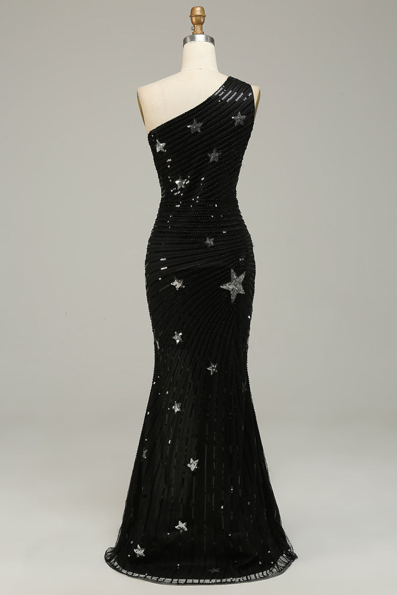 Load image into Gallery viewer, Sequins Mermaid One Shoulder Black Long Prom Dress with Star