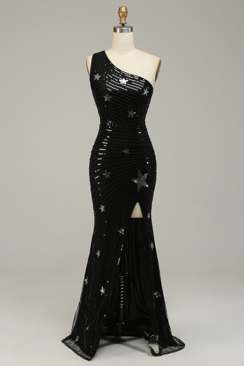 Load image into Gallery viewer, Sequins Mermaid One Shoulder Black Long Prom Dress with Star