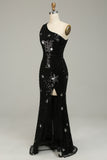 Sequins Mermaid One Shoulder Black Long Prom Dress with Star