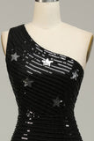 Sequins Mermaid One Shoulder Black Long Prom Dress with Star