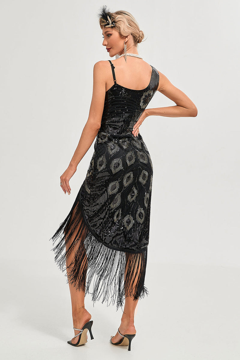 Load image into Gallery viewer, Black Spaghetti Straps Gatsby Fringed Flapper Dress