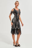 Black Cold Shoulder Sequins Fringes 1920s Gatsby Dress