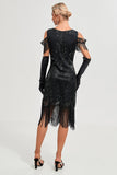 Black Cold Shoulder Sequins Fringes 1920s Gatsby Dress