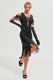 Black Cold Shoulder Sequins Fringes 1920s Gatsby Dress