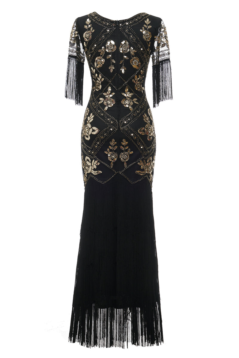 Load image into Gallery viewer, V Neck Black Long 1920s Flapper Dress with Sequins and Fringes