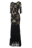 V Neck Black Long 1920s Flapper Dress with Sequins and Fringes