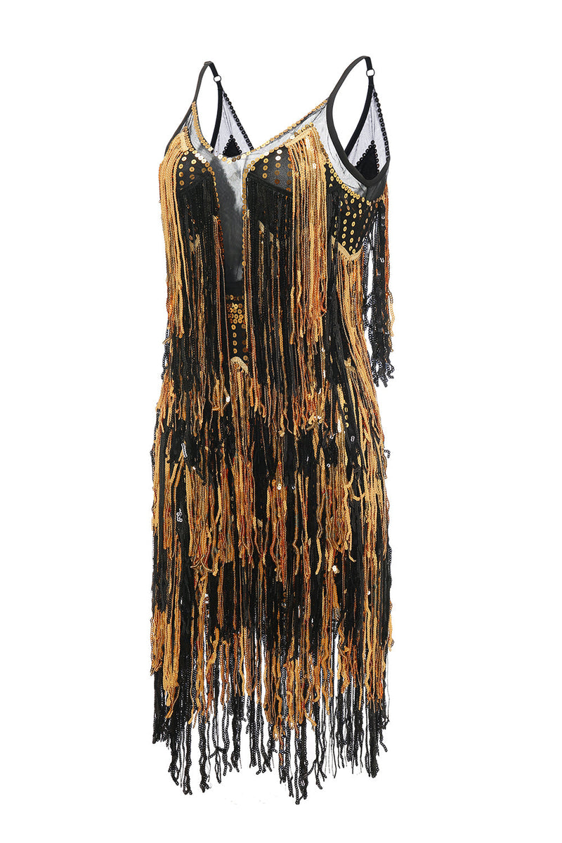 Load image into Gallery viewer, Black Golden Fringes 1920s Dress with Sequins