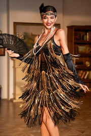 Spaghetti Straps Black Golden 1920s Dress with Fringes