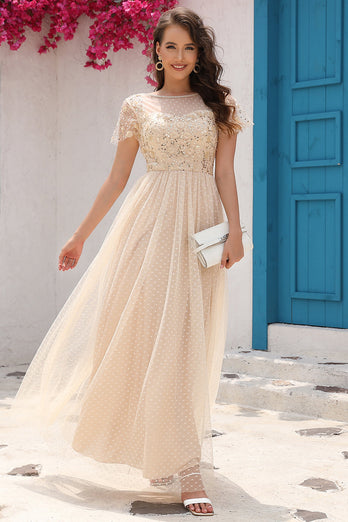 A Line Tulle Apricot Sequins Prom Dress with Appliques