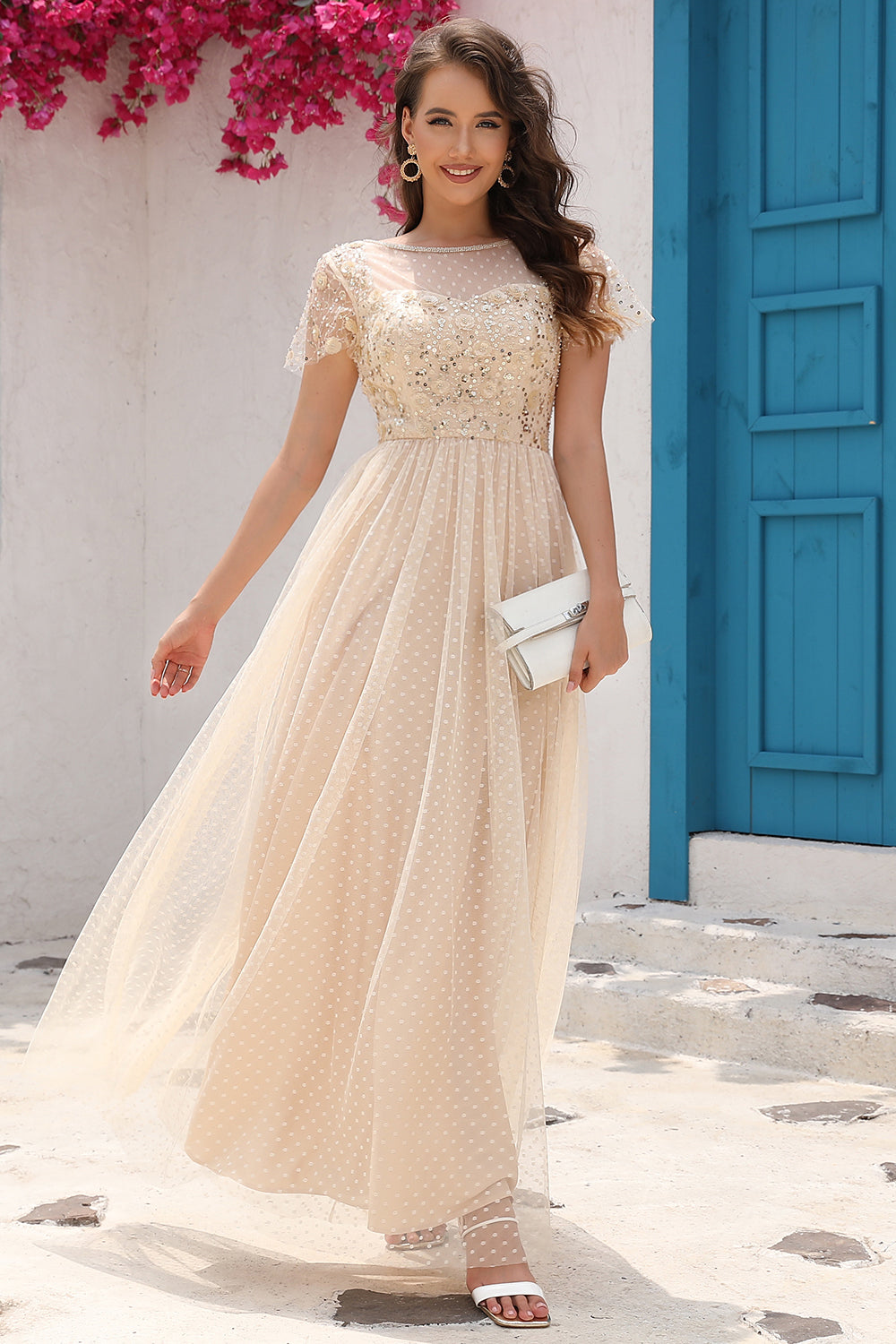 A Line Tulle Apricot Sequins Prom Dress with Appliques