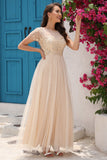 A Line Tulle Apricot Sequins Prom Dress with Appliques