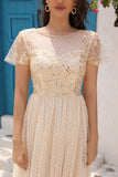 A Line Tulle Apricot Sequins Prom Dress with Appliques