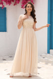 A Line Tulle Apricot Sequins Prom Dress with Appliques