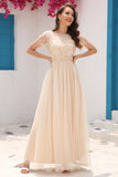 A Line Tulle Apricot Sequins Prom Dress with Appliques