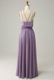 A Line Halter Purple Long Bridesmaid Dress with Bowknot