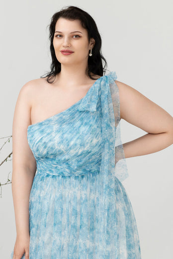 Blue Print One Shoulder Plus Size Bridesmaid Dress