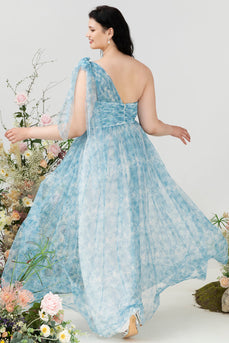 Blue Print One Shoulder Plus Size Bridesmaid Dress