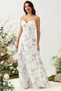 Load image into Gallery viewer, A Line Spaghetti Straps Purple Flower Printed Long Bridesmaid Dress
