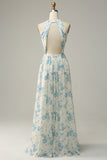 Blue Floral Boho Long Chiffon Bridesmaid Dress