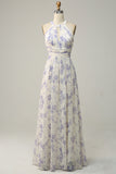 Blue Floral Boho Long Chiffon Bridesmaid Dress