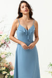 A Line Spaghetti Straps Grey Blue Long Bridesmaid Dress with Criss Cross Back