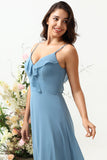 A Line Spaghetti Straps Grey Blue Long Bridesmaid Dress with Criss Cross Back