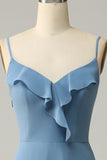 A Line Spaghetti Straps Grey Blue Long Bridesmaid Dress with Ruffles