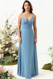 A Line Spaghetti Straps Grey Blue Long Bridesmaid Dress with Criss Cross Back