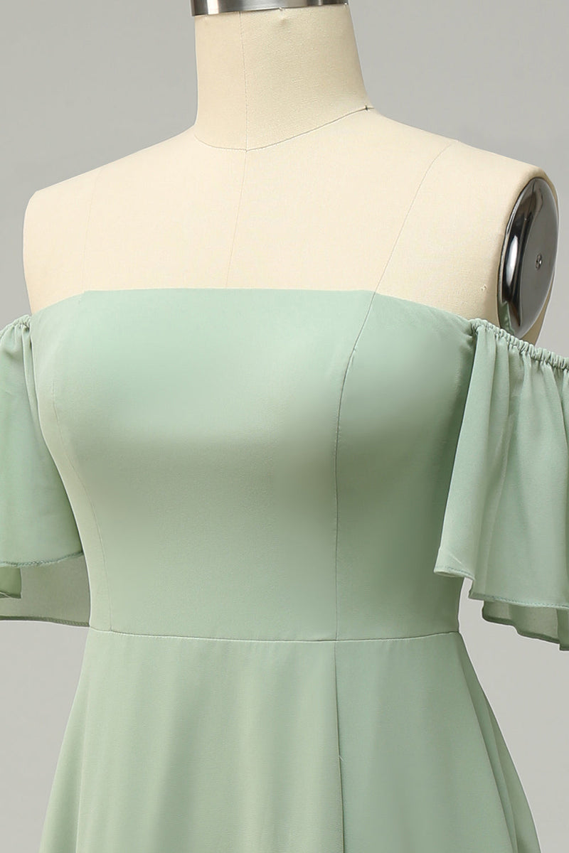 Load image into Gallery viewer, A Line Off the Shoulder Green Long Bridesmaid Dress with Ruffles