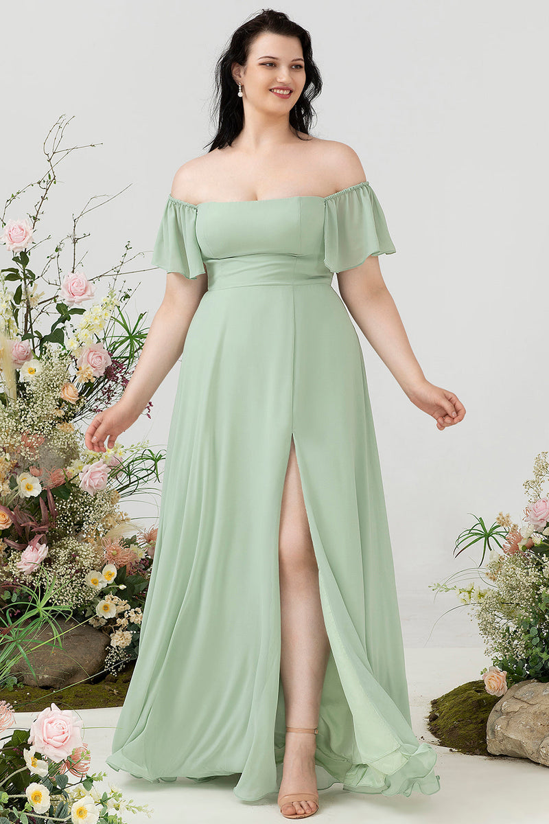 Load image into Gallery viewer, Off the Shoulder Plus size Bridesmaid Dress with Slit