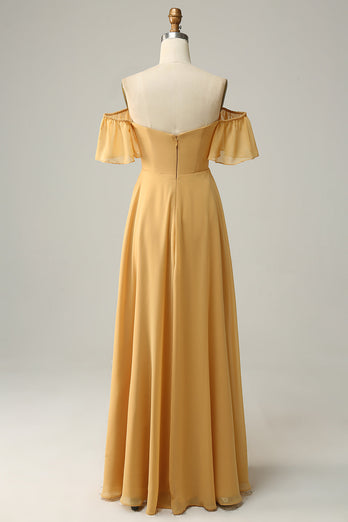 A Line Off the Shoulder Yellow Long Bridesmaid Dress