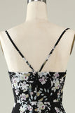 Black White Flower Boho Chiffon Bridesmaid Dress