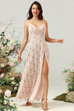 Blush Floral Chiffon Long Bridesmaid Dress with Slit