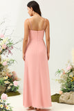 A Line Spaghetti Straps Blush Long Bridesmaid Dress with Split Front