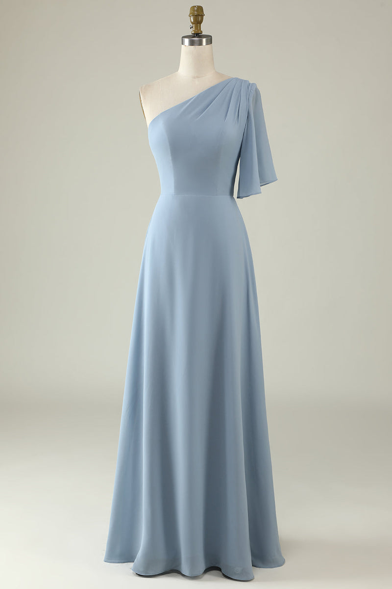 Load image into Gallery viewer, Grey Blue One Shoulder Chiffon Boho Bridesmaid Dress