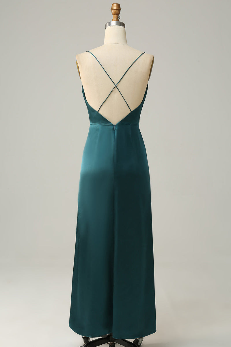 Load image into Gallery viewer, A Line Spaghetti Straps Dark Green Plus Size Bridesmaid Dress with Backless