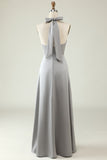 Simple Grey Halter Long Bridesmaid Dress with Slit