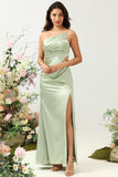 One Shoulder Satin Ruffles Wedding Guest Dress with Slit