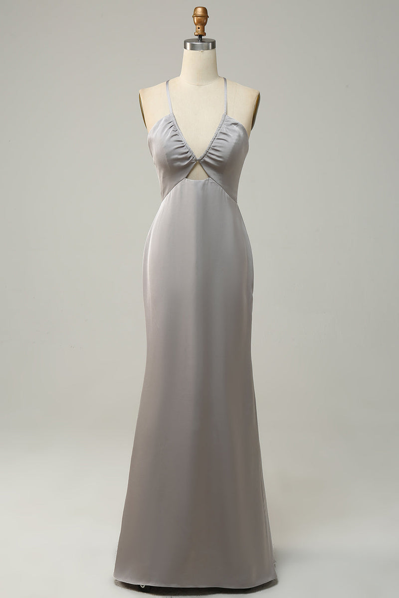 Load image into Gallery viewer, Mermaid Spaghetti Straps Grey Long Bridesmaid Dress with Open Back