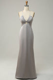 Grey Mermaid Open Back Long Bridesmaid Dress